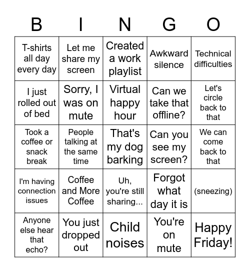 Work From Home Bingo Card