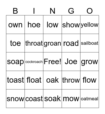 oa, ow, oe Bingo Card