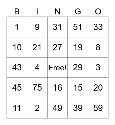 NUMBER BINGO 1-75 Bingo Card
