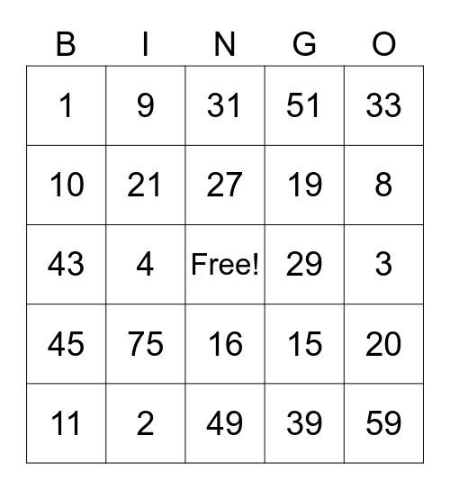 NUMBER BINGO 1-75 Bingo Card