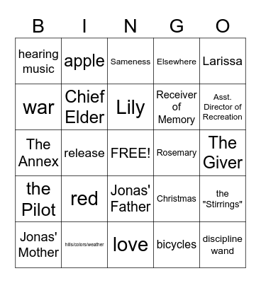 The Giver Bingo Card