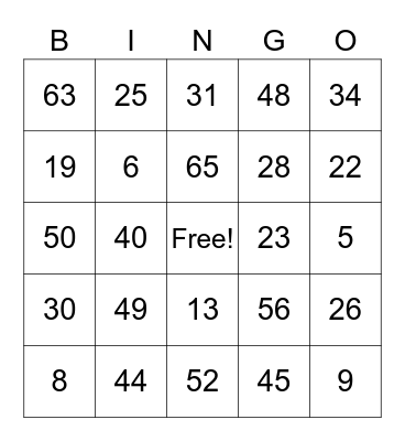 Number Bingo 1-75 Bingo Card