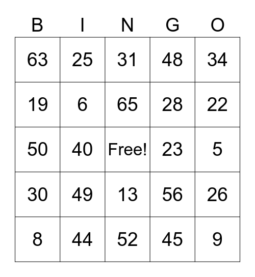 Number Bingo 1-75 Bingo Card