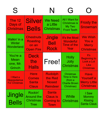 Christmas Carol Bingo Card