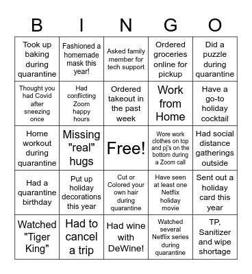 Holiday/Quarantine Bingo Card