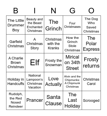 Holiday Movies Bingo Card