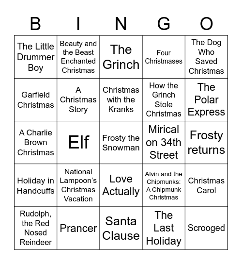 Holiday Movies Bingo Card