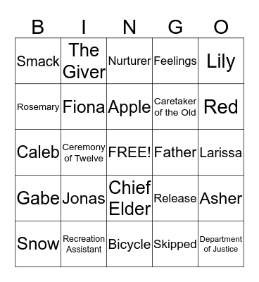 The Giver Bingo Card