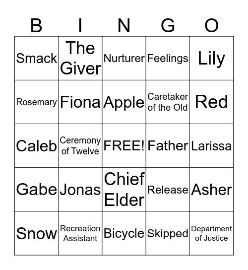 The Giver Bingo Card