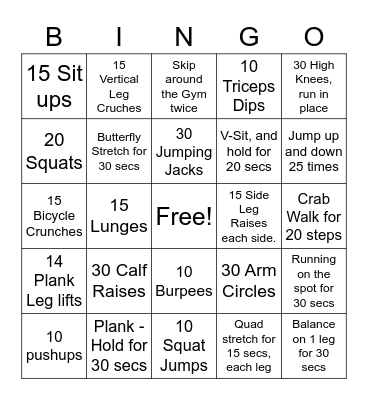 Fitness Bingo 2020 Bingo Card