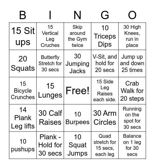 Fitness Bingo 2020 Bingo Card
