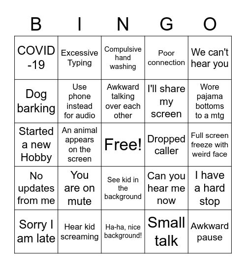 Remote Meeting Bingo Card