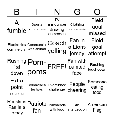 Thanksgiving Day Football Bingo Card