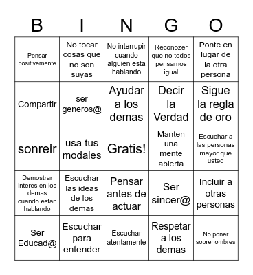 Como llevarse Bien con los Demas Bingo Card