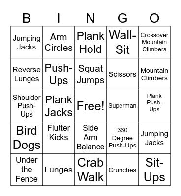 Fitness Bingo Card