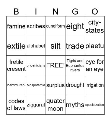 The Fretile Cresent Bingo Card