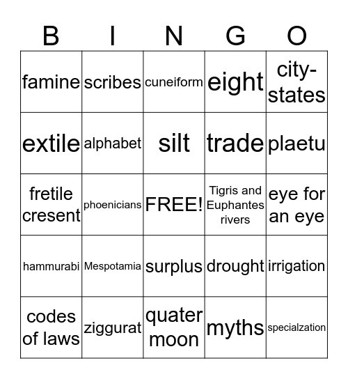 The Fretile Cresent Bingo Card