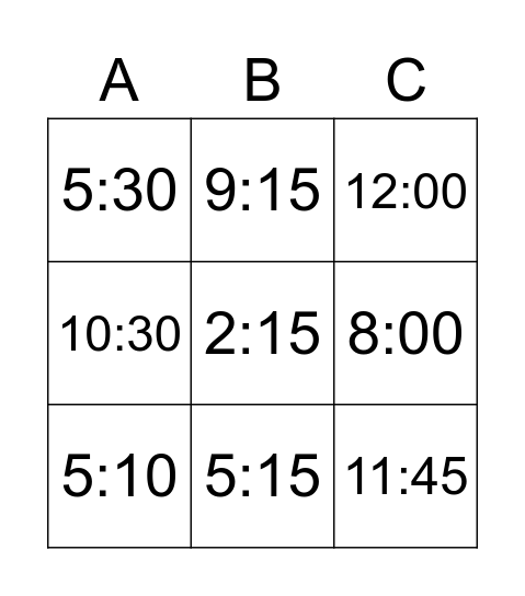 Telling Time! Bingo Card