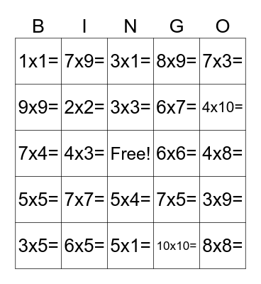 Multiplication Bingo Card