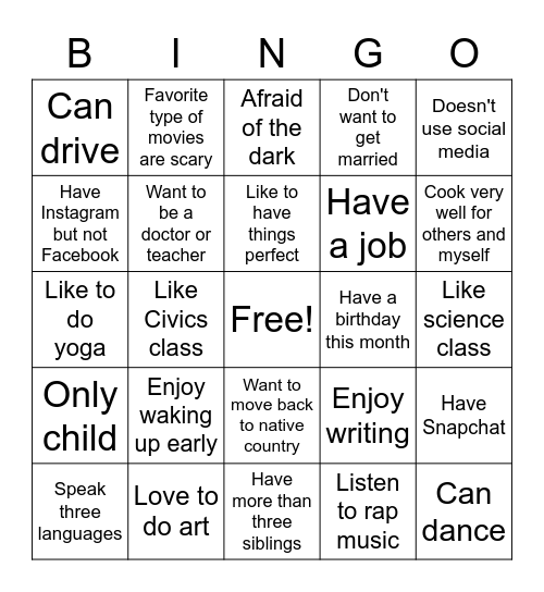 Get to Know You - Expanding Writing Bingo Card