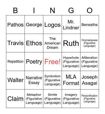 Junior English BINGO Card