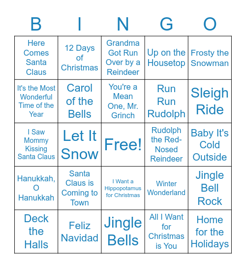 Winter Holiday Songs Bingo Card