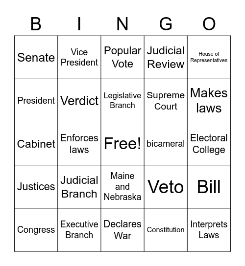 Branches of the US Government Bingo Card