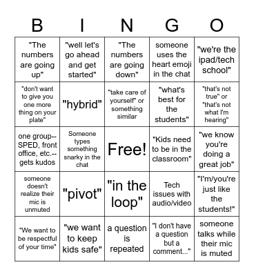 COVID Staff Meeting Bingo Card