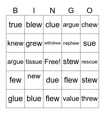 Long U- spelled EW and UE Bingo Card