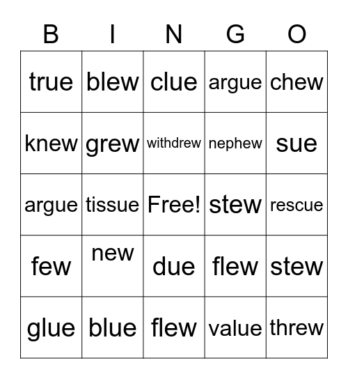 Long U- spelled EW and UE Bingo Card