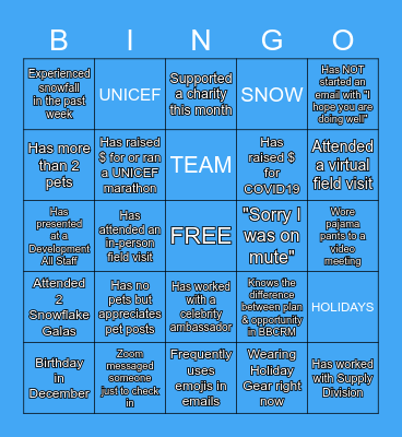 Virtual UNICEF Holiday Bingo Card