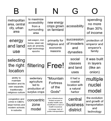 Urban Land Use Unit Test Part 1 Bingo Card
