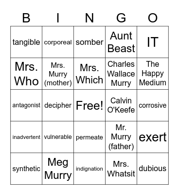 Wrinkle In Time Characters and Vocab Bingo Card