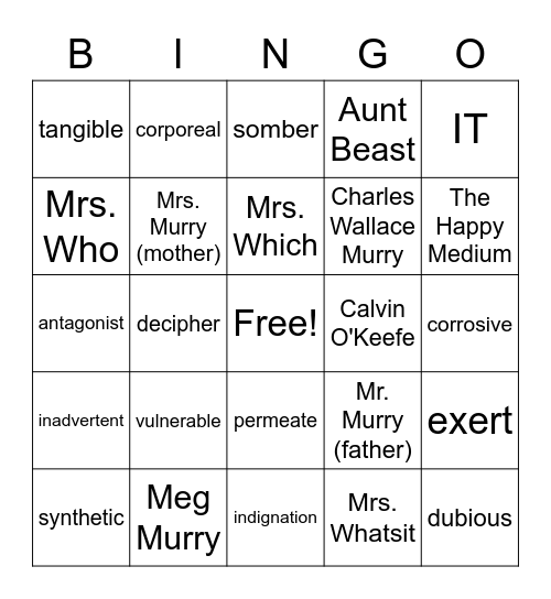 Wrinkle In Time Characters and Vocab Bingo Card