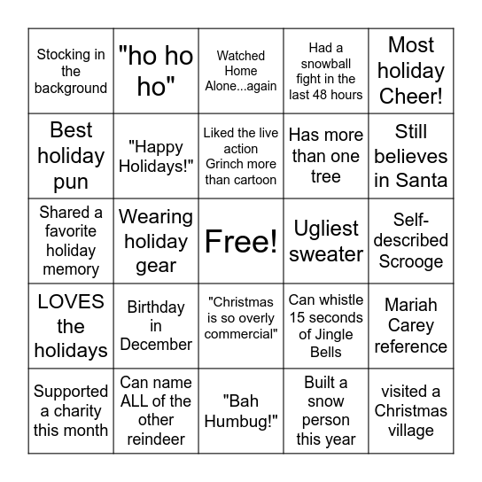 Virtual Holiday Bingo Party Bingo Card