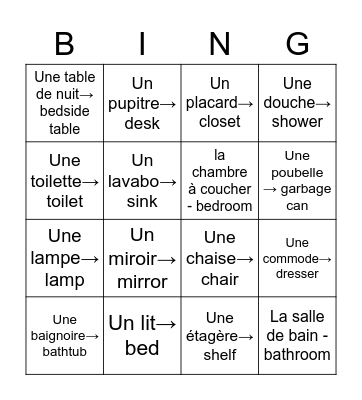 la maison - la chambre à coucher/ la salle de bain Bingo Card