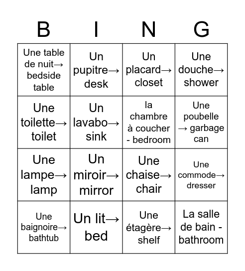 la maison - la chambre à coucher/ la salle de bain Bingo Card
