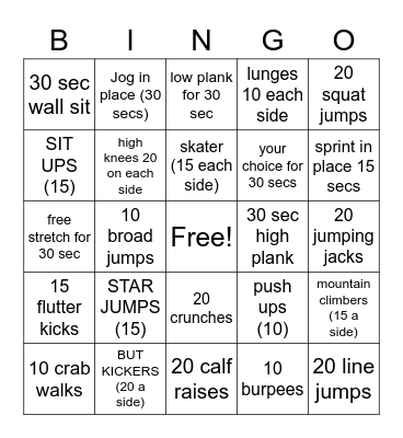 Fitness Bingo Card