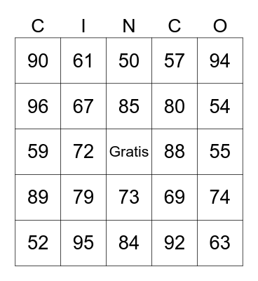 Numeros 50 al 100  Bingo Card