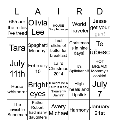 LIFE OF LAIRDS - BINGO! Bingo Card