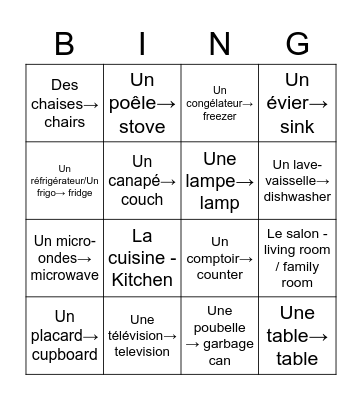 la maison - le salon/la cuisine Bingo Card