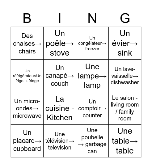 la maison - le salon/la cuisine Bingo Card