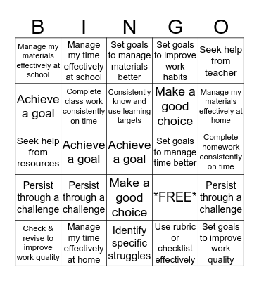 Self Direction Bingo Card