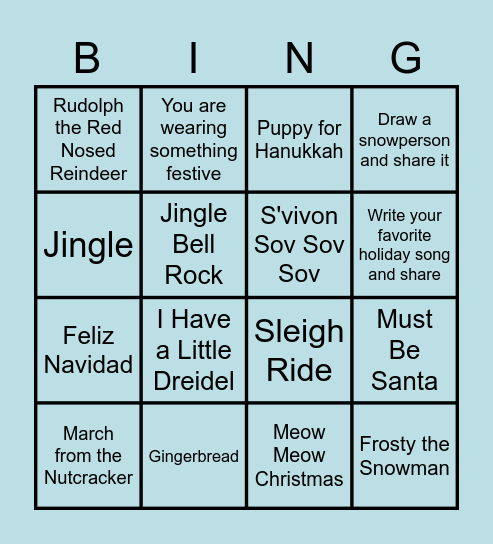 Holiday Song Bingo Card