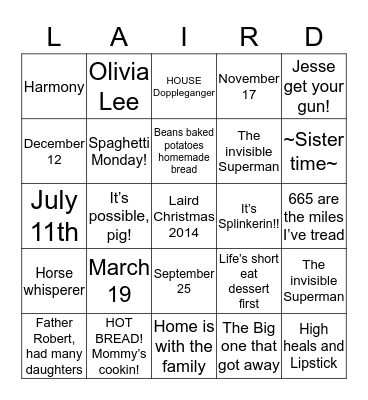 LIFE OF LAIRDS - BINGO! Bingo Card
