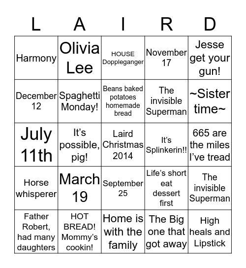 LIFE OF LAIRDS - BINGO! Bingo Card