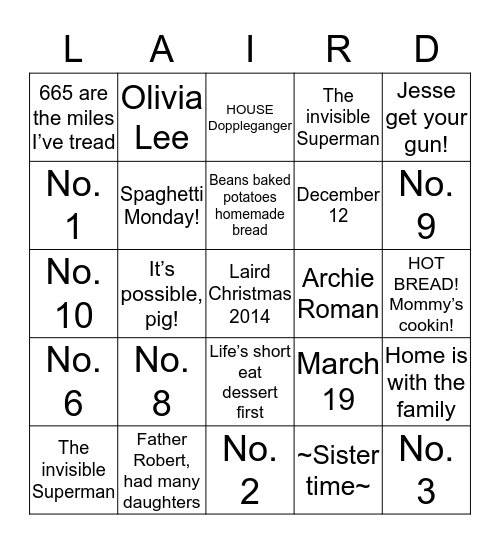 LIFE OF LAIRDS - BINGO! Bingo Card