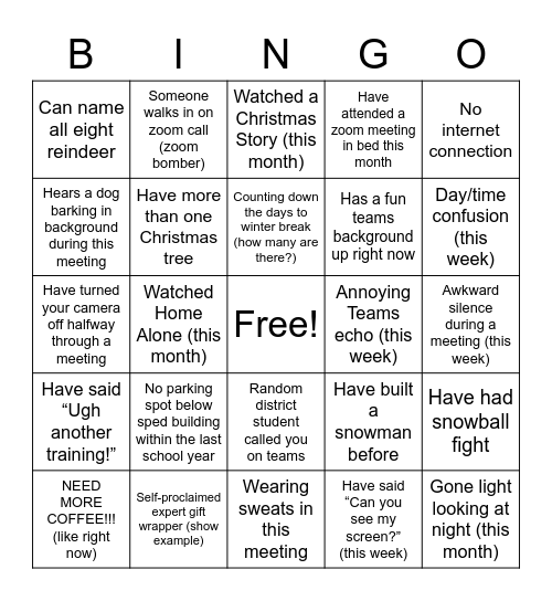 Online Winter Office Bingo Card