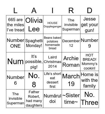 LIFE OF LAIRDS - BINGO! Bingo Card