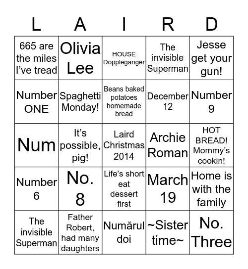 LIFE OF LAIRDS - BINGO! Bingo Card